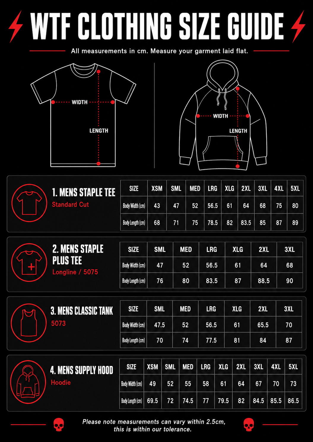 WTF Clothing size guide showing tee, tank, and hoodie measurements